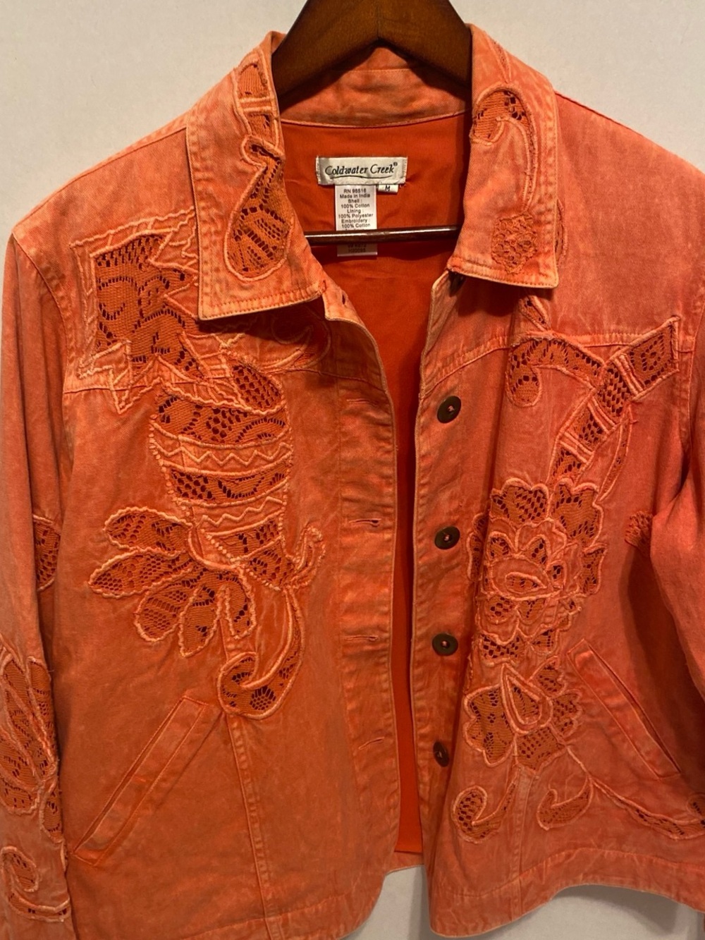 Coldwater Creek Orange Embroidered Lace Trim Cotton Jacket